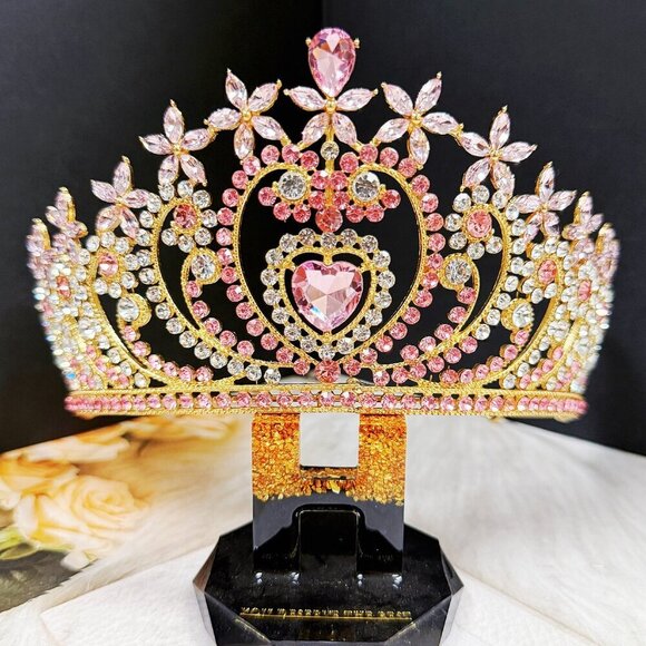 Crystal heart tiara, Gold tiara, Pink stone Tiara, Bridal tiara, Birthday crown main image 9